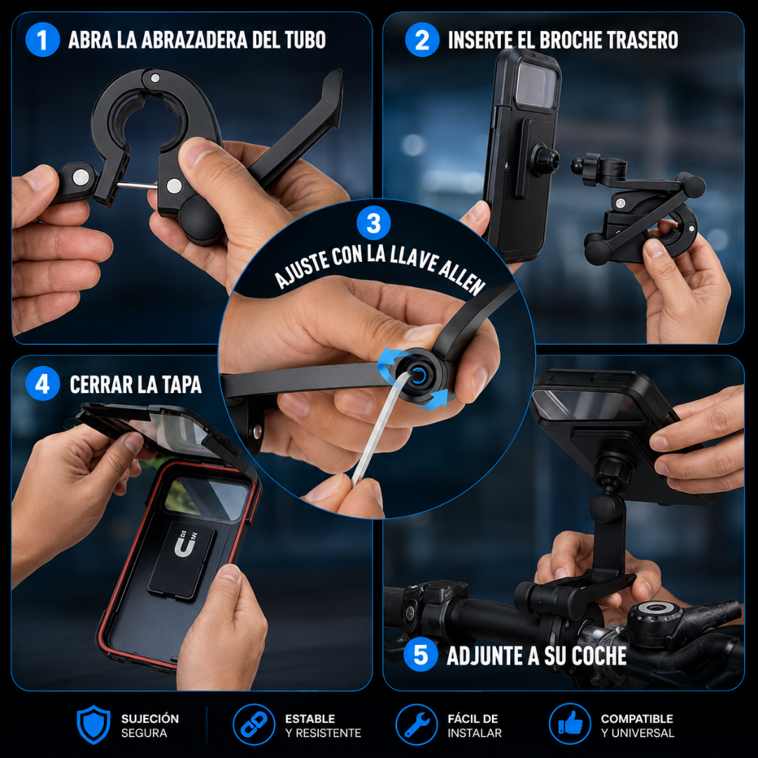 SOPORTE IMPERMEABLE PARA CELULAR EN VOLANTE — Navegación segura y control en cada recorrido