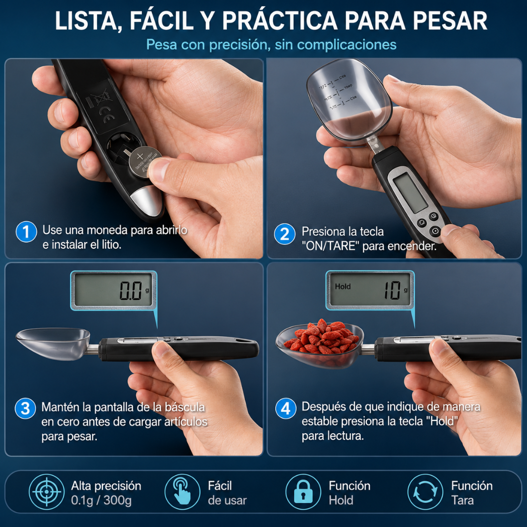 CUCHARA MEDIDORA PARA PESAR — La gramera que usa la cuchara misma, ideal para quien entrena y para alimentar bebés con precisión