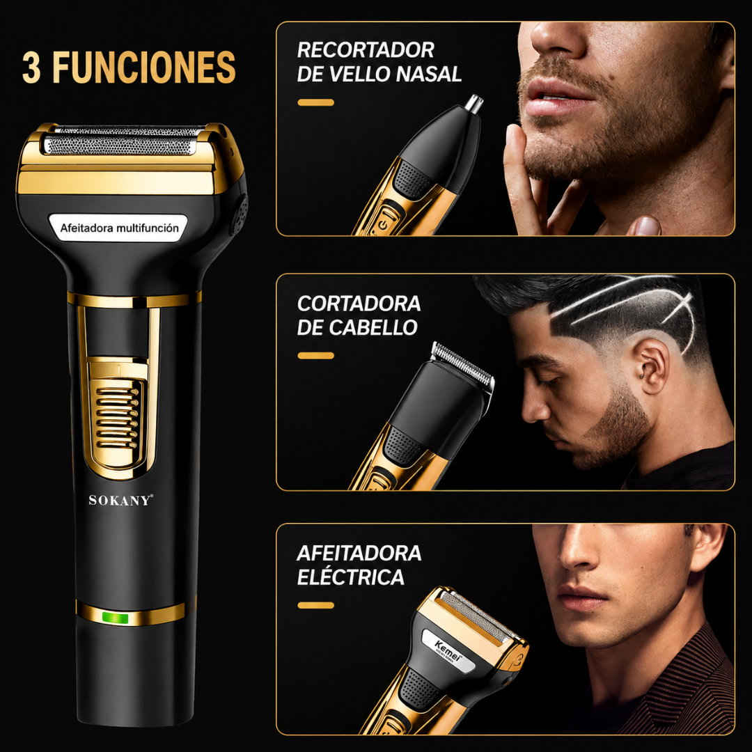 RASURADORA PARA CABALLERO 3 EN 1 — Barba, nariz, orejas y cuerpo con un solo aparato. Sin cables, sin visitas al barbero.