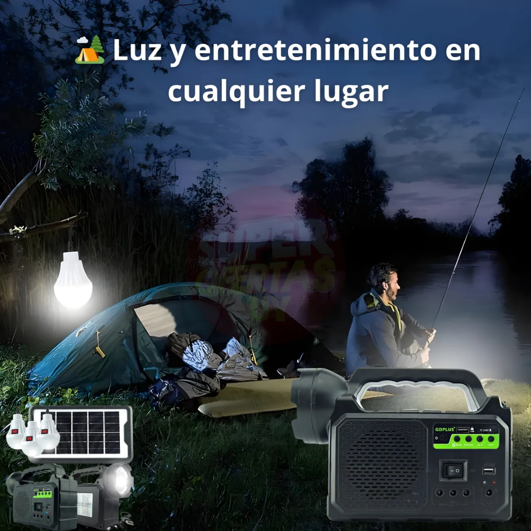 CENTRAL ELÉCTRICA SOLAR CON RADIO BT, LÁMPARA Y FOCOS – Energía, luz y conexión donde la necesites
