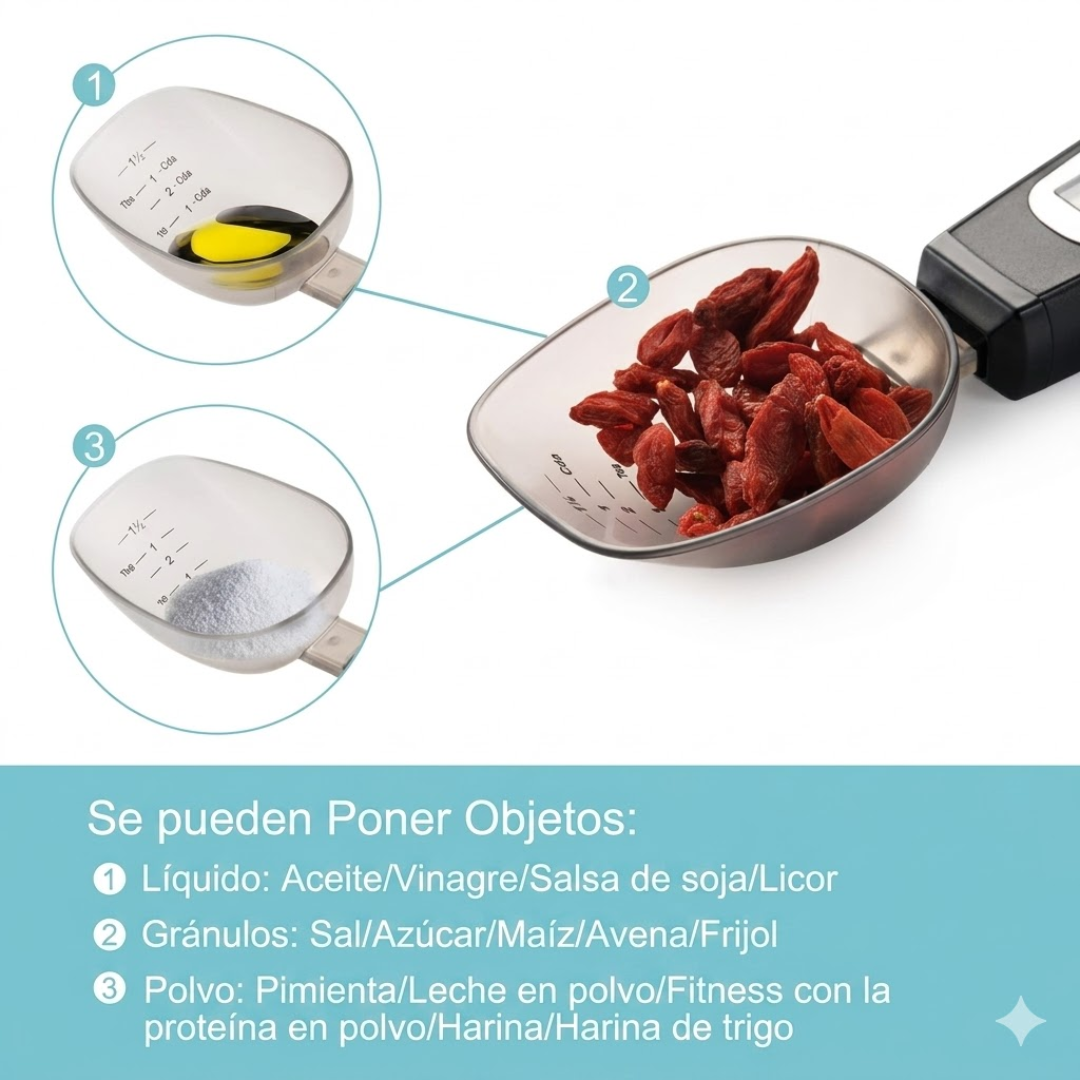 CUCHARA MEDIDORA PARA PESAR — La gramera que usa la cuchara misma, ideal para quien entrena y para alimentar bebés con precisión
