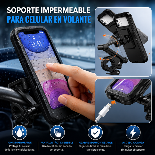 SOPORTE IMPERMEABLE PARA CELULAR EN VOLANTE — Navegación segura y control en cada recorrido