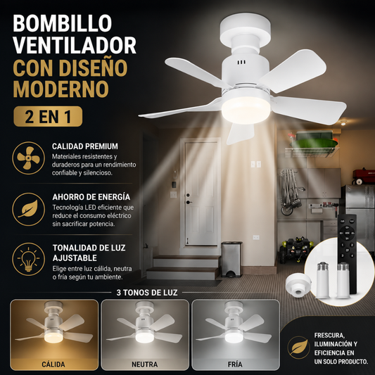 BOMBILLO VENTILADOR CON DISEÑO MODERNO 2 EN 1 – Iluminación ajustable, ventilación práctica y ahorro de energía en un solo producto