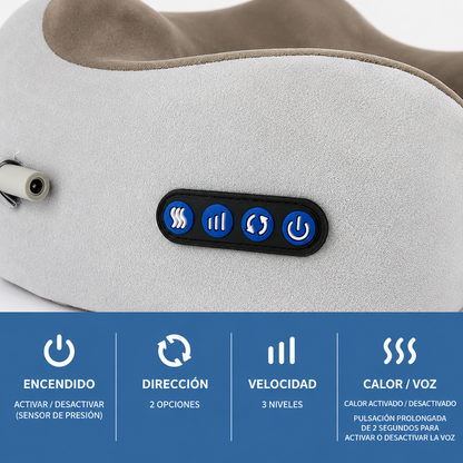ALMOHADA DE VIAJE ERGONÓMICA CON FUNCIÓN DE MASAJE, VIBRACIÓN Y CALOR INTEGRADA — Relajación para cuello en casa o de viaje