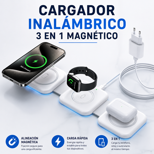 CARGADOR INALÁMBRICO 3 EN 1 MAGNÉTICO – Carga portátil total
