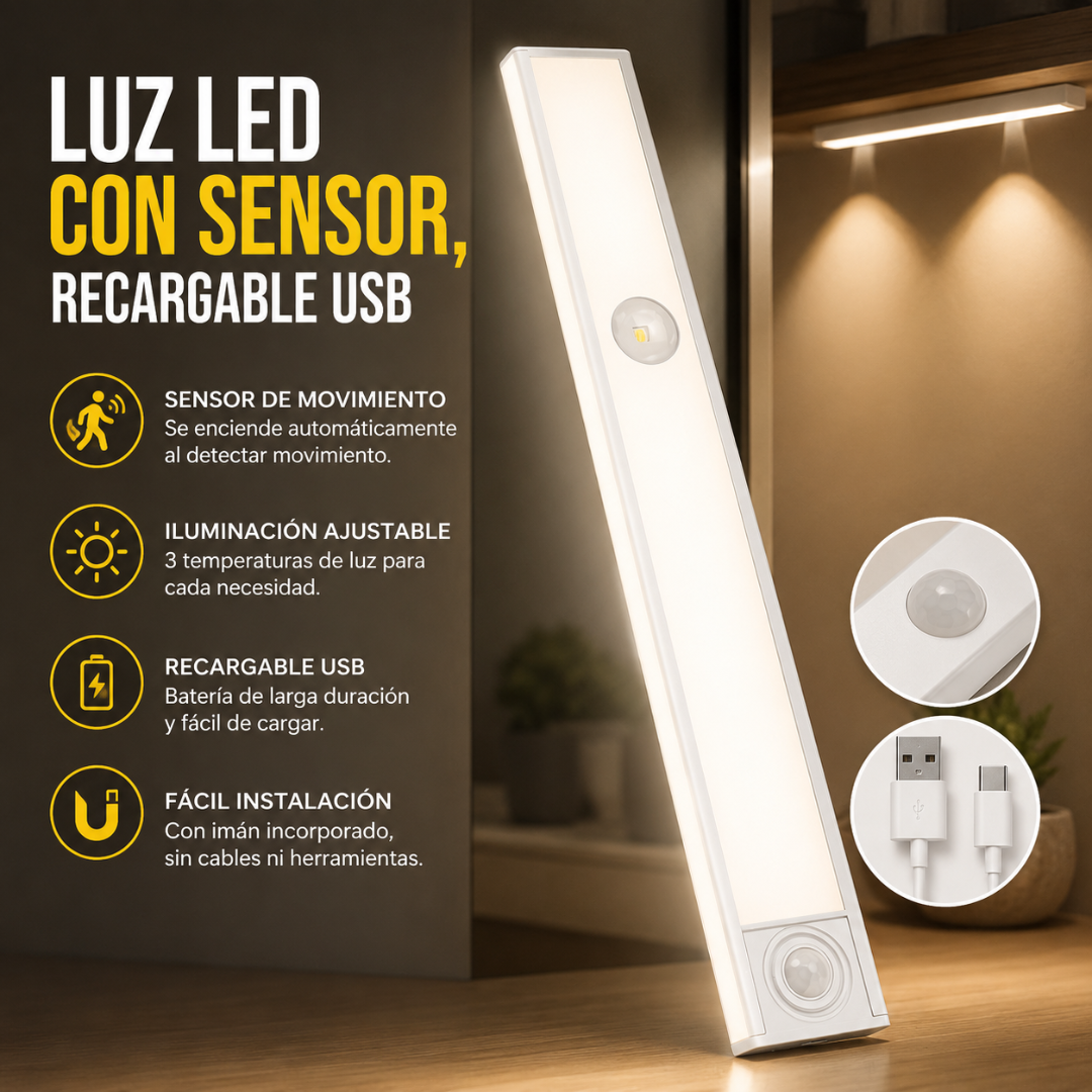 LUZ LED CON SENSOR, RECARGABLE USB – Iluminación automática recargable