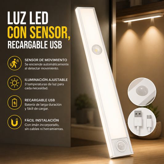 LUZ LED CON SENSOR, RECARGABLE USB – Iluminación automática recargable