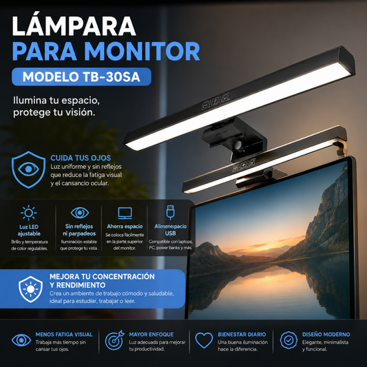 LAMPARA PARA MONITOR MODELO TB-30SA – Iluminación ajustable para trabajar con más comodidad visual