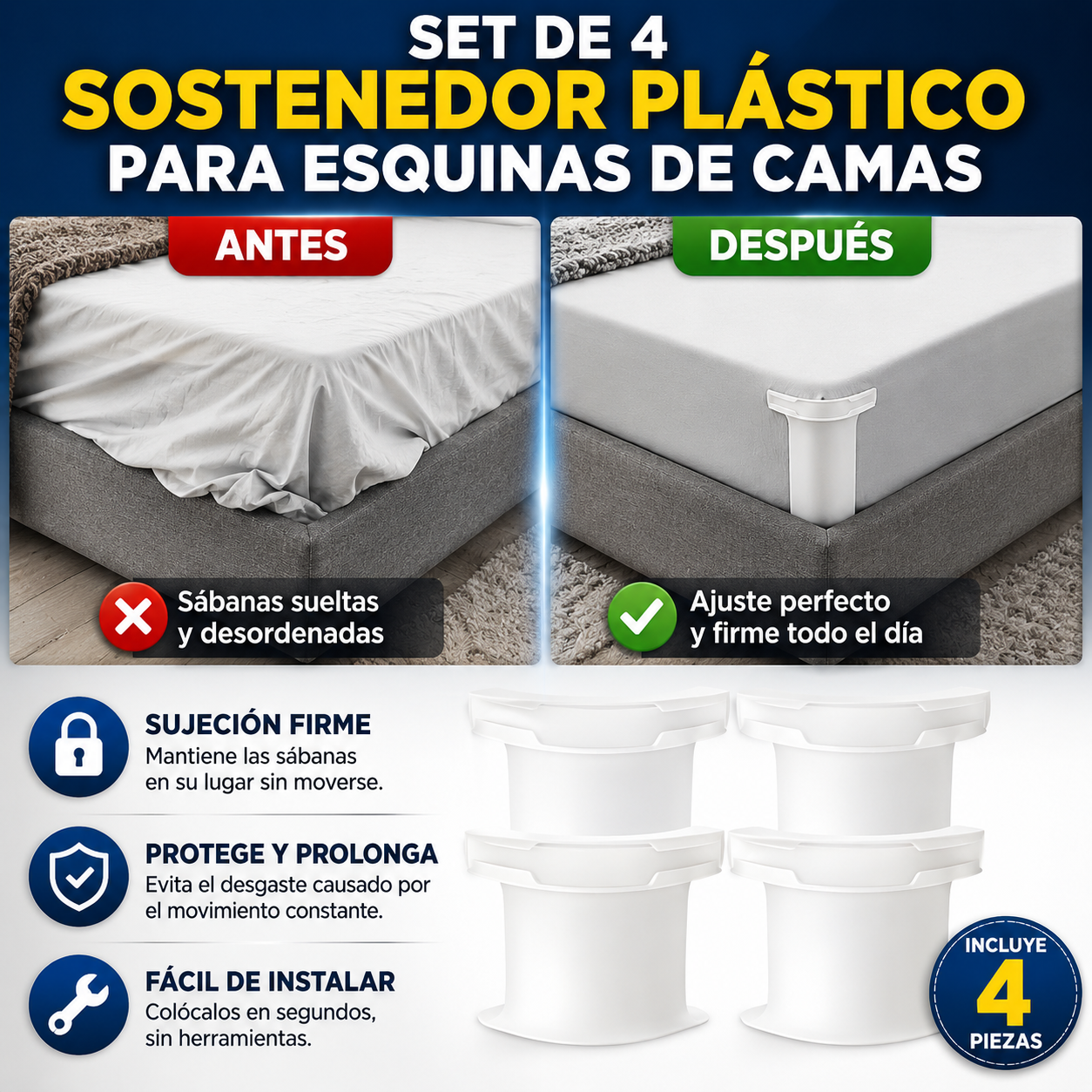 SET DE 4 SOSTENEDOR PLÁSTICO PARA ESQUINAS DE CAMAS – Sábanas firmes en segundos