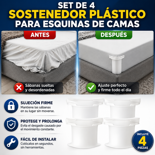 SET DE 4 SOSTENEDOR PLÁSTICO PARA ESQUINAS DE CAMAS – Sábanas firmes en segundos