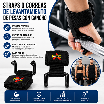 STRAPS O CORREAS DE LEVANTAMIENTO DE PESAS CON GANCHO – Agarre firme para entrenar