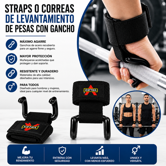 STRAPS O CORREAS DE LEVANTAMIENTO DE PESAS CON GANCHO – Agarre firme para entrenar