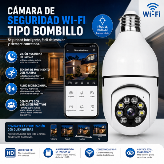 CÁMARA DE SEGURIDAD WI-FI TIPO BOMBILLO – Monitoreo 360°, visión nocturna y control desde tu celular