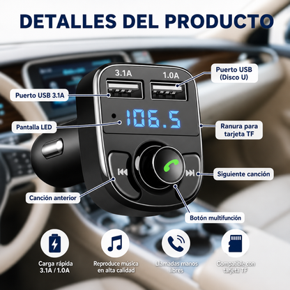 CARGADOR MULTIFUNCIONAL CARRO — Carga el celular y pon música sin cables