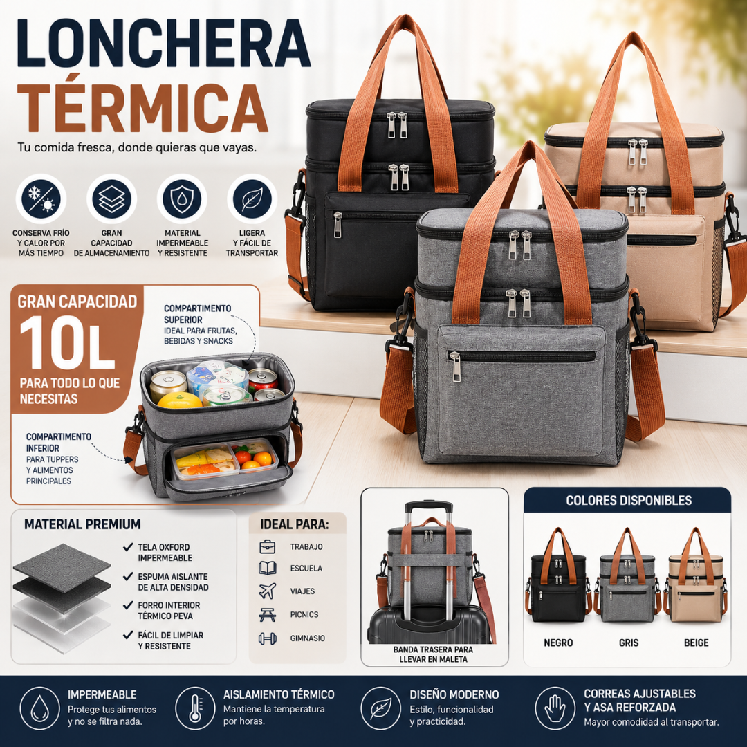 LONCHERA TÉRMICA FABRICADA EN MATERIAL OXFORD – Más capacidad, conservación térmica y comodidad para llevar tus comidas