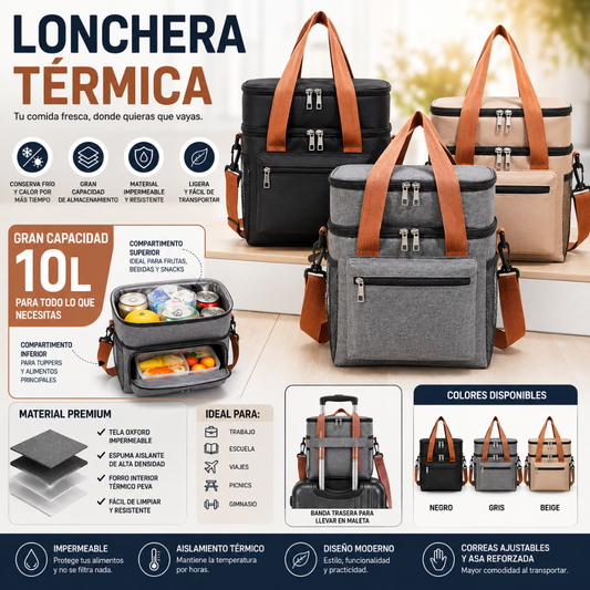 LONCHERA TÉRMICA FABRICADA EN MATERIAL OXFORD – Más capacidad, conservación térmica y comodidad para llevar tus comidas
