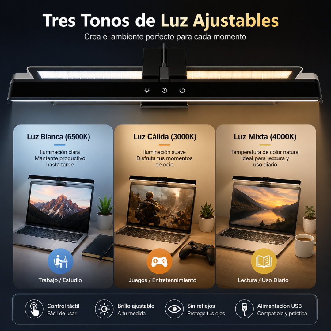 LAMPARA PARA MONITOR MODELO TB-30SA – Iluminación ajustable para trabajar con más comodidad visual