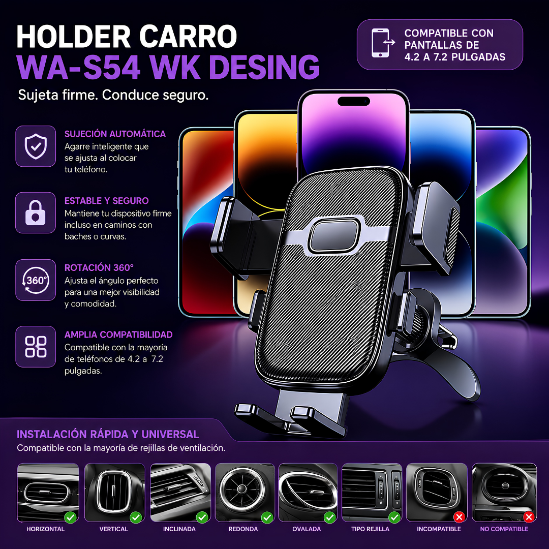 HOLDER CARRO WA-S54 WK DESING – Conduce con el celular visible, seguro y siempre a mano