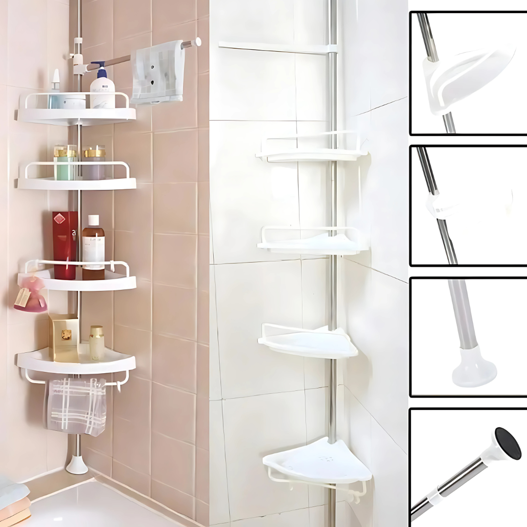 ORGANIZADOR RACK ESQUINERO PARA BAÑO – Aprovecha cada rincón, elimina el desorden y ten todo al alcance sin perforar paredes