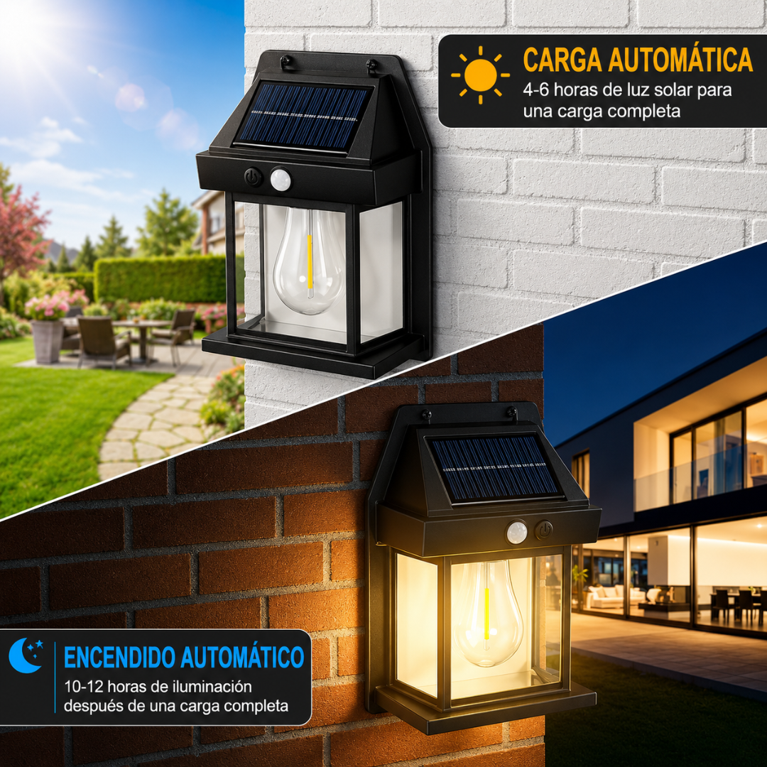 LÁMPARA SOLAR RETRO PARA PARED — Se carga sola y enciende sola cada noche