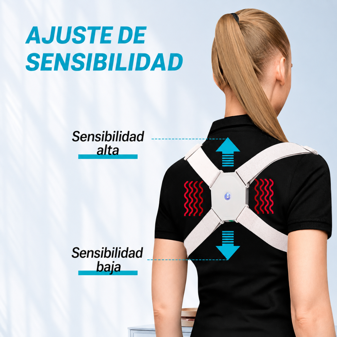 CORRECTOR DE POSTURA CON SENSOR INTELIGENTE — Vibra cuando te encorvás. Lo que el espejo no podía decirte, ahora lo sientes.