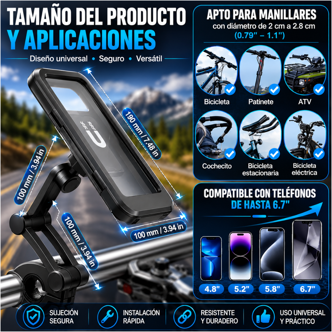 SOPORTE IMPERMEABLE PARA CELULAR EN VOLANTE — Navegación segura y control en cada recorrido