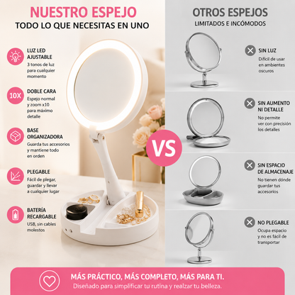 ESPEJO LED DE MESA CON ILUMINACIÓN INTEGRADA Y DISEÑO PLEGABLE – Maquíllate mejor y mantén todo organizado