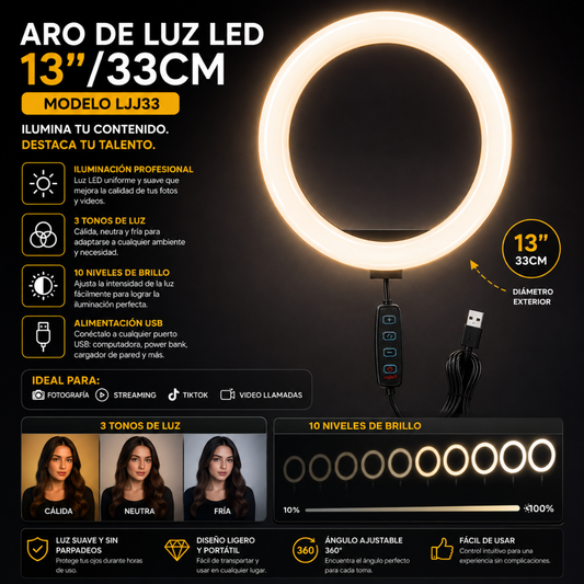 ARO DE LUZ LED 13"/33CM MODELO LJJ33 – Iluminación versátil para crear, grabar y destacar cada detalle