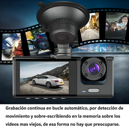 CÁMARA DASH TRIPLE PARA VEHÍCULO – Seguridad total, grabación simultánea y control completo en cada viaje