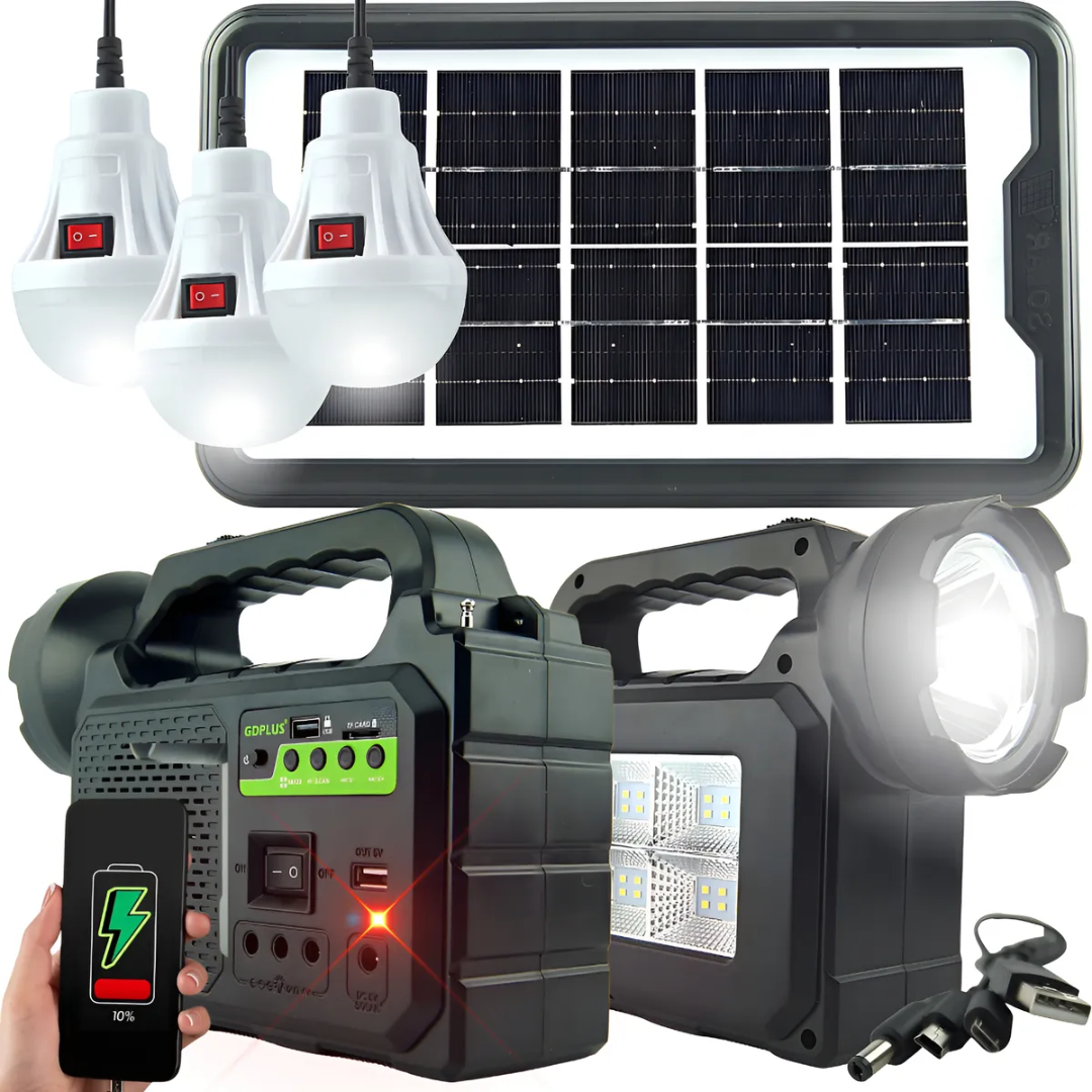 CENTRAL ELÉCTRICA SOLAR CON RADIO BT, LÁMPARA Y FOCOS – Energía, luz y conexión donde la necesites