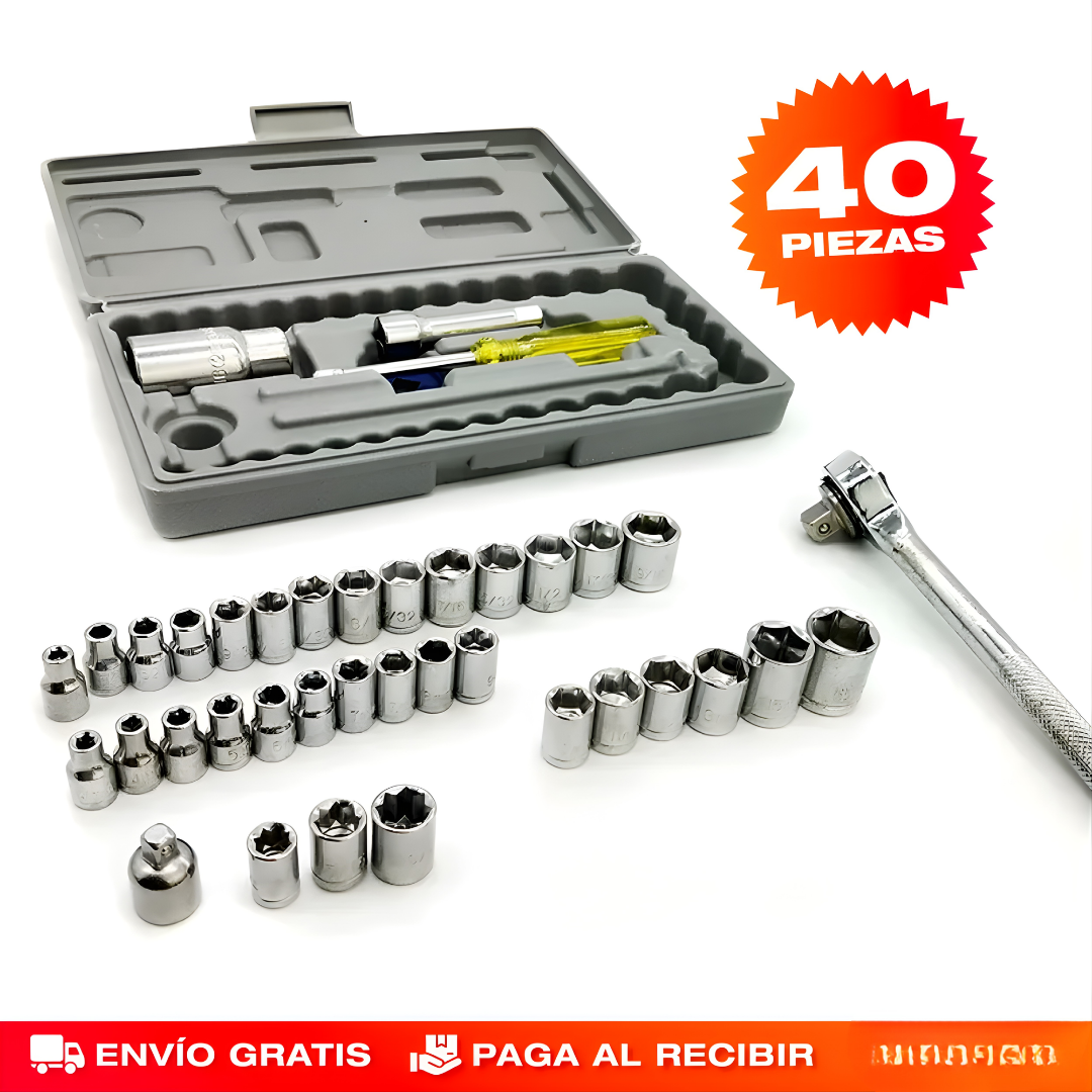 SET DE LLAVES DE DADOS PROFESIONAL 40 PIEZAS CON RATCHET – MÉTRICO Y SAE – Precisión mecánica, versatilidad total y trabajo profesional