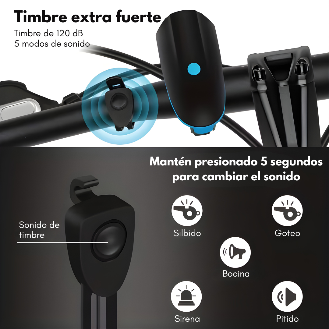 LUZ LED PARA BICICLETA CON BOCINA – Visibilidad total, alerta sonora y seguridad en cada recorrido