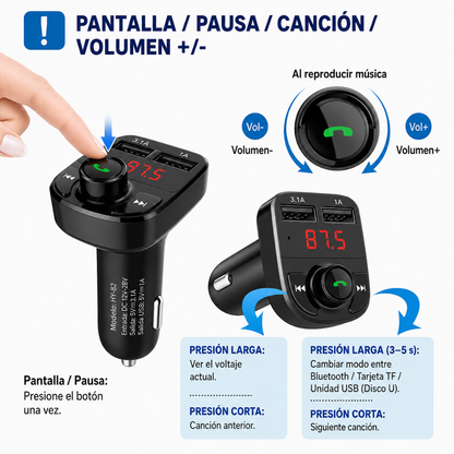 CARGADOR MULTIFUNCIONAL CARRO — Carga el celular y pon música sin cables