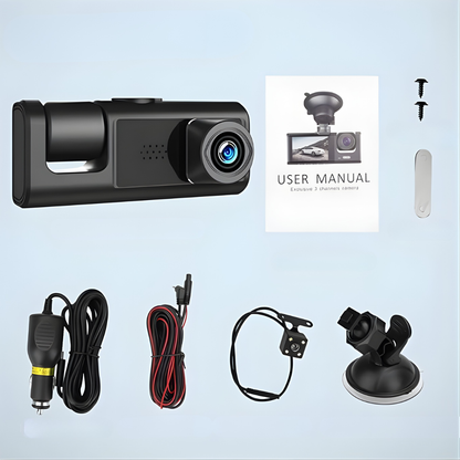 CÁMARA DASH TRIPLE PARA VEHÍCULO – Seguridad total, grabación simultánea y control completo en cada viaje
