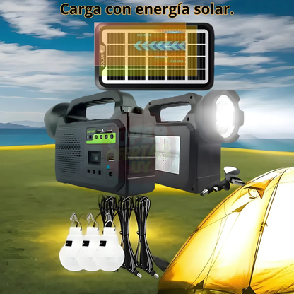 CENTRAL ELÉCTRICA SOLAR CON RADIO BT, LÁMPARA Y FOCOS – Energía, luz y conexión donde la necesites