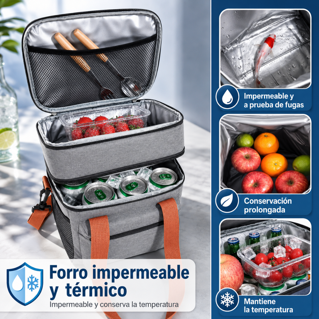 LONCHERA TÉRMICA FABRICADA EN MATERIAL OXFORD – Más capacidad, conservación térmica y comodidad para llevar tus comidas