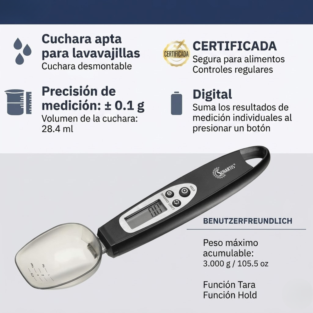 CUCHARA MEDIDORA PARA PESAR — La gramera que usa la cuchara misma, ideal para quien entrena y para alimentar bebés con precisión
