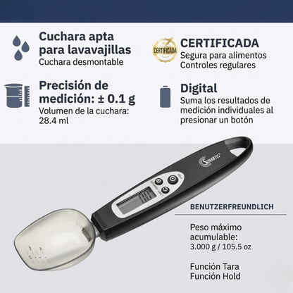 CUCHARA MEDIDORA PARA PESAR — La gramera que usa la cuchara misma, ideal para quien entrena y para alimentar bebés con precisión