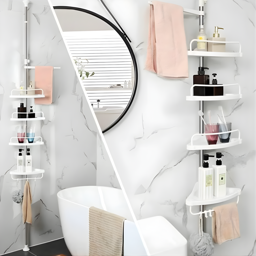 ORGANIZADOR RACK ESQUINERO PARA BAÑO – Aprovecha cada rincón, elimina el desorden y ten todo al alcance sin perforar paredes