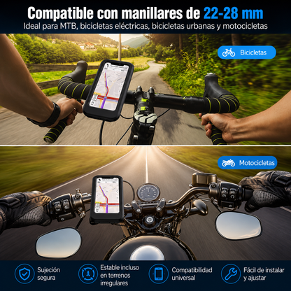 SOPORTE IMPERMEABLE PARA CELULAR EN VOLANTE — Navegación segura y control en cada recorrido