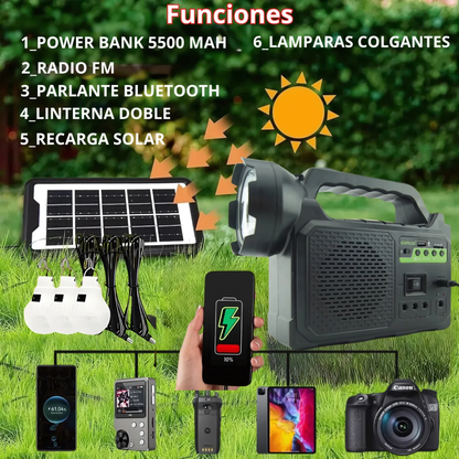 CENTRAL ELÉCTRICA SOLAR CON RADIO BT, LÁMPARA Y FOCOS – Energía, luz y conexión donde la necesites
