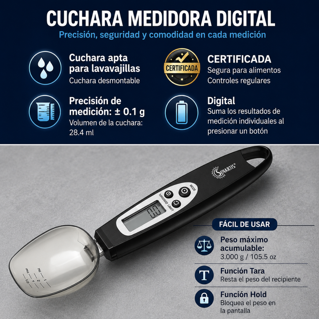 CUCHARA MEDIDORA PARA PESAR — La gramera que usa la cuchara misma, ideal para quien entrena y para alimentar bebés con precisión