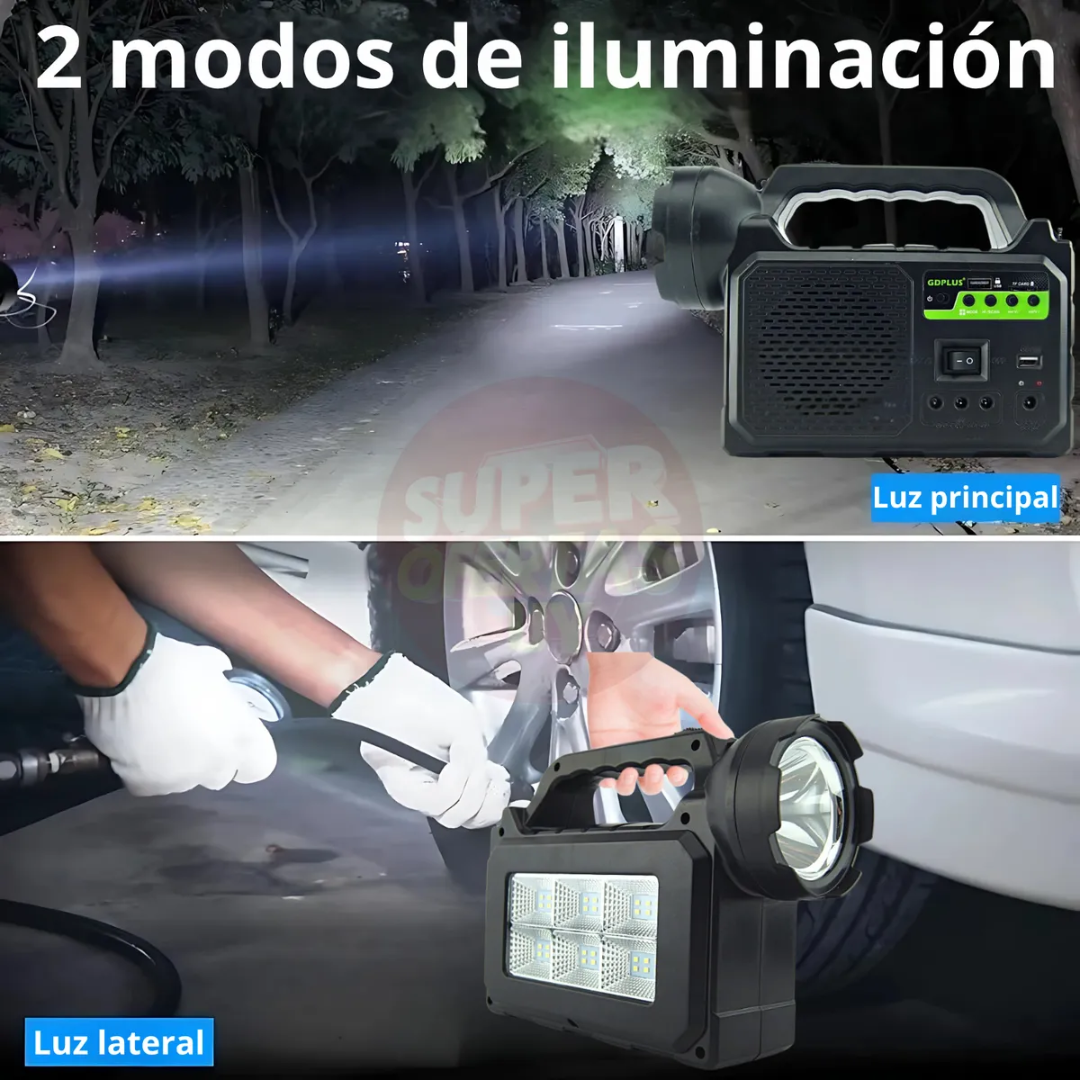 CENTRAL ELÉCTRICA SOLAR CON RADIO BT, LÁMPARA Y FOCOS – Energía, luz y conexión donde la necesites