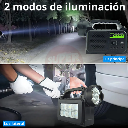 CENTRAL ELÉCTRICA SOLAR CON RADIO BT, LÁMPARA Y FOCOS – Energía, luz y conexión donde la necesites