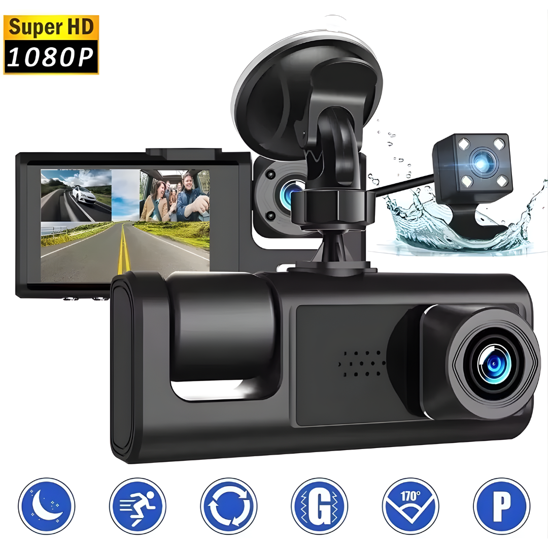 CÁMARA DASH TRIPLE PARA VEHÍCULO – Seguridad total, grabación simultánea y control completo en cada viaje
