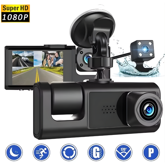 CÁMARA DASH TRIPLE PARA VEHÍCULO – Seguridad total, grabación simultánea y control completo en cada viaje