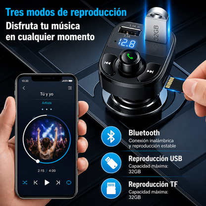 CARGADOR MULTIFUNCIONAL CARRO — Carga el celular y pon música sin cables