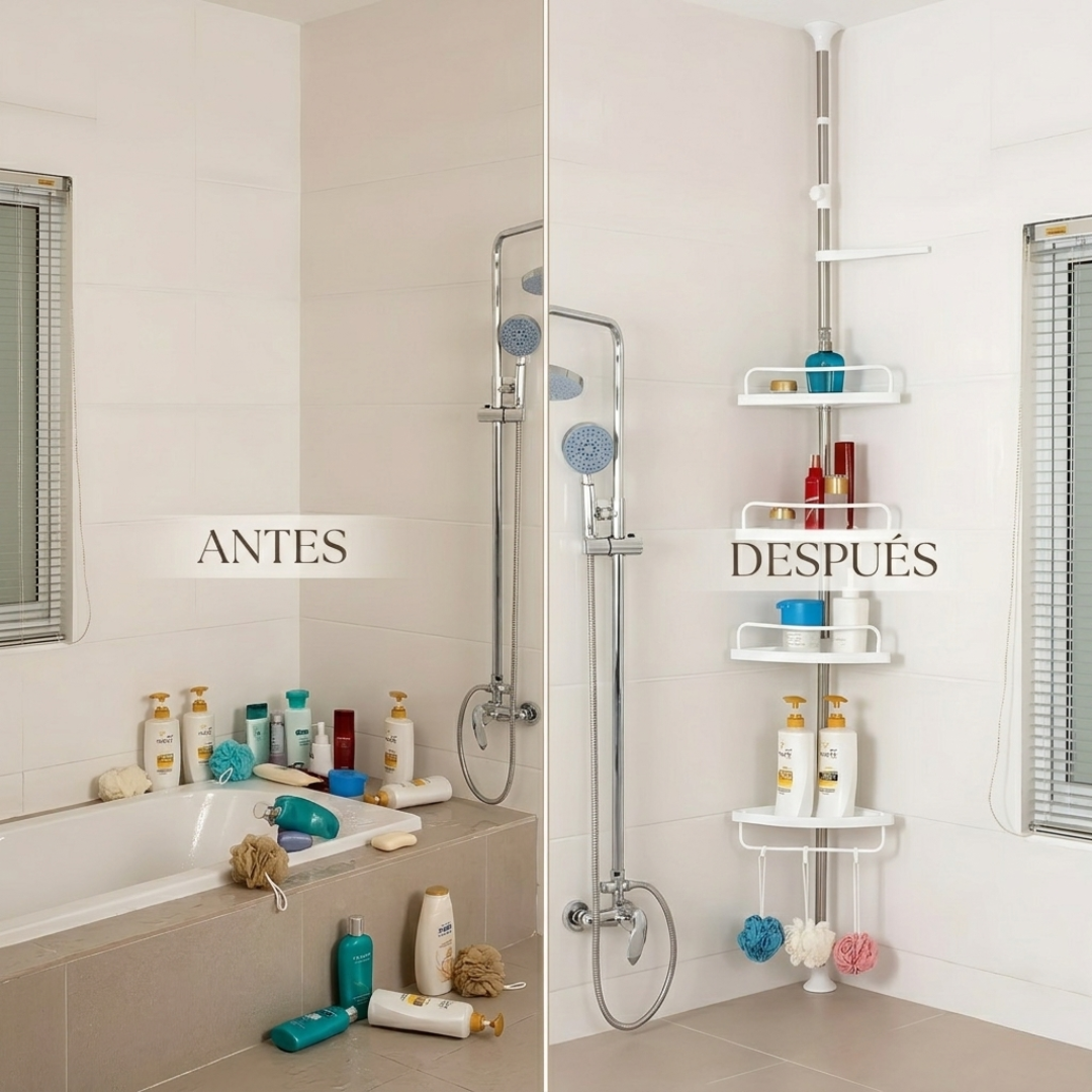 ORGANIZADOR RACK ESQUINERO PARA BAÑO – Aprovecha cada rincón, elimina el desorden y ten todo al alcance sin perforar paredes